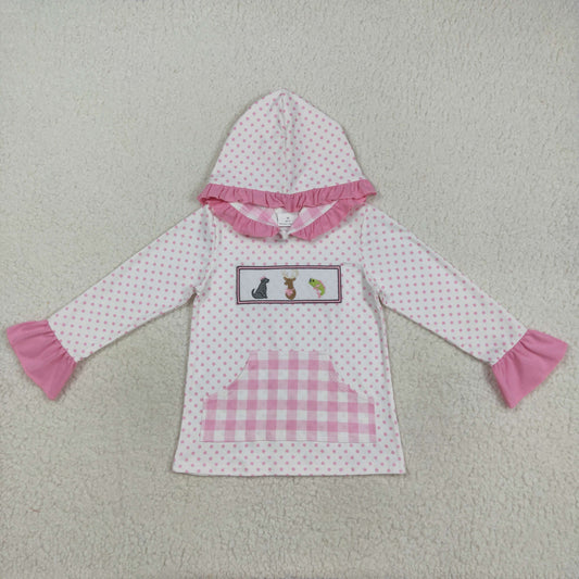 8.21 RTS NO MOQ （In stock）GT1106 Baby Girls Long Sleeve Tops Embroidery Dogs Deer Fish Baby Girls Polka Dots Pocket Hoodies Top