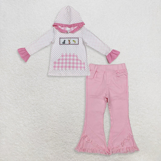 9.18 RTS NO MOQ （In stock）GT1106 +P0463 Baby Girls Pocket Hoodies Top Ruffle Denim Jeans