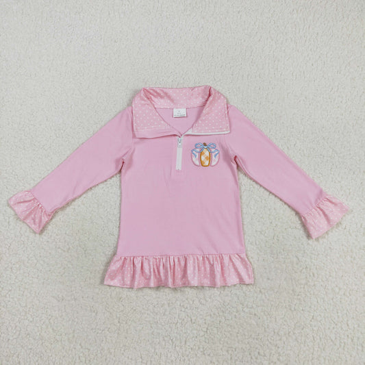 RTS NO MOQ （In stock）GT1112 Baby Girls Long Sleeve Tops Embroidery Baby Girls Pink Long Ruffle Sleeves Pumpkins Zipper Pullover Top