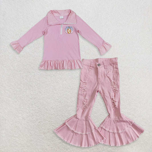 9.18 RTS NO MOQ （In stock）GT1112+ P0005 Baby Girls Zipper Fall Pullover Top Denim Bell Pants Jeans