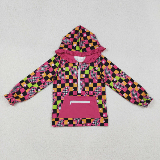 RTS NO MOQ （In stock）GT1117 Baby Girls Long Sleeve Tops Plaid Thunder Ruffle Zipper Hoodie Long Sleeves for Girls