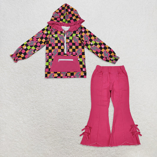 9.17 RTS NO MOQ （In stock）GT1117  + P0731 Baby Girls Pockets Zipper Hoodies Tops Ruffle Bell Flare Denim Pants