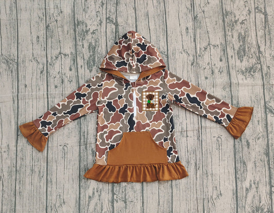 10.17 GT1132 Sample No Moq Embroidery Dog Ducks Baby Girls Brown Camo Pocket Zipper Hunting Hoodies Top
