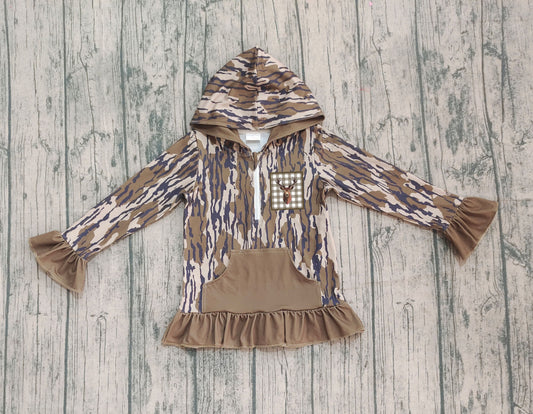 9.26 GT1135 Sample No Moq Embroidery Deer Baby Girls Olive Camo Pocket Zipper Western Hoodies Top