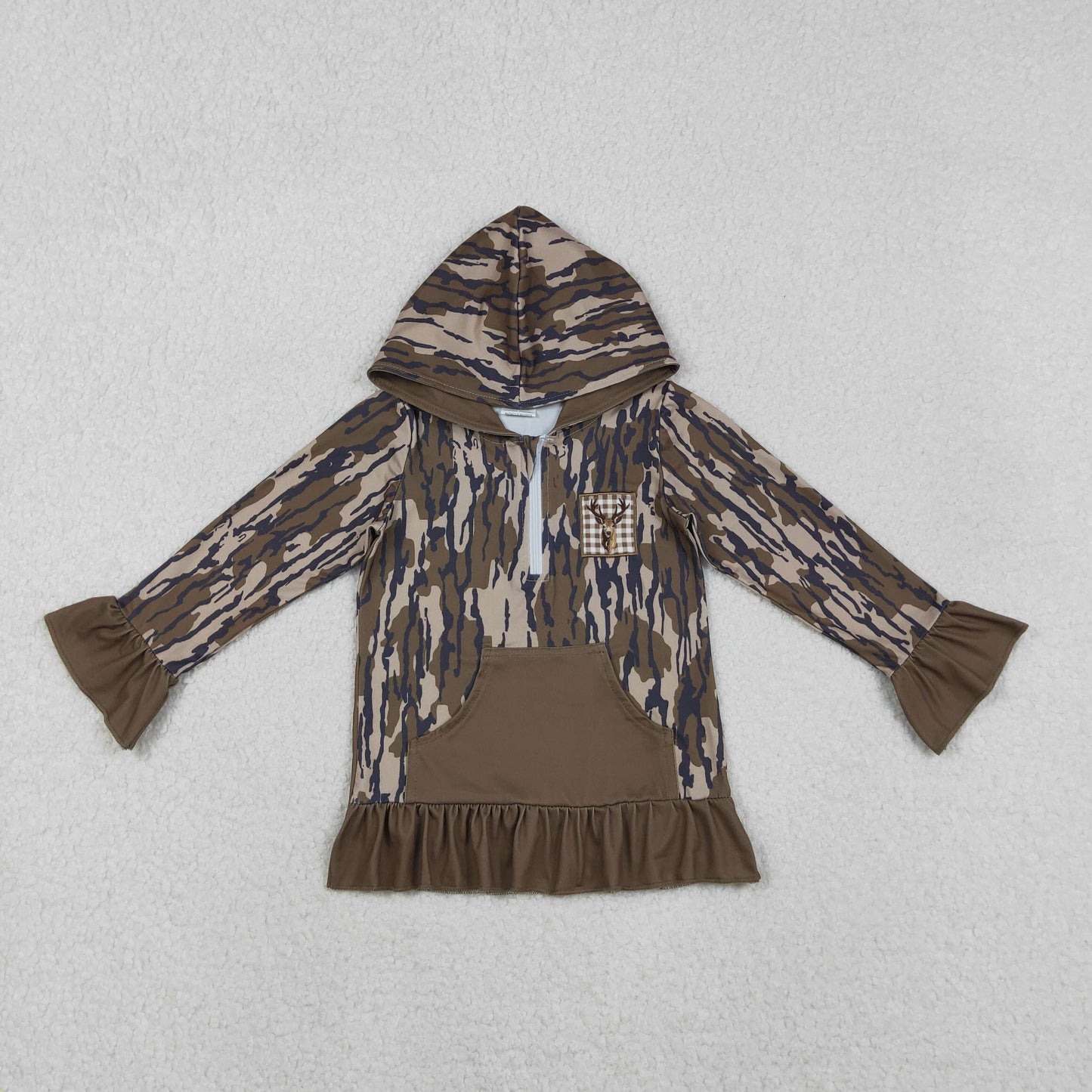 11.11 RTS NO MOQ （In stock）GT1135 Embroidery Deer Baby Girls Olive Camo Pocket Zipper Hunting Hoodies Top