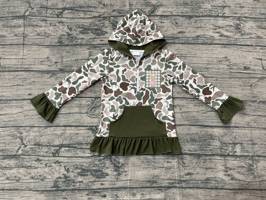 11.10 GT1136 Sample No Moq Embroidery Deer Baby Girls Green Camo Pockets Zipper Hunting Hoodies Top
