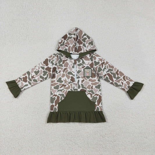 12.24 RTS NO MOQ （In stock）GT1136 Embroidery Deer Baby Girls Green Camo Pockets Zipper Hunting Hoodies Top