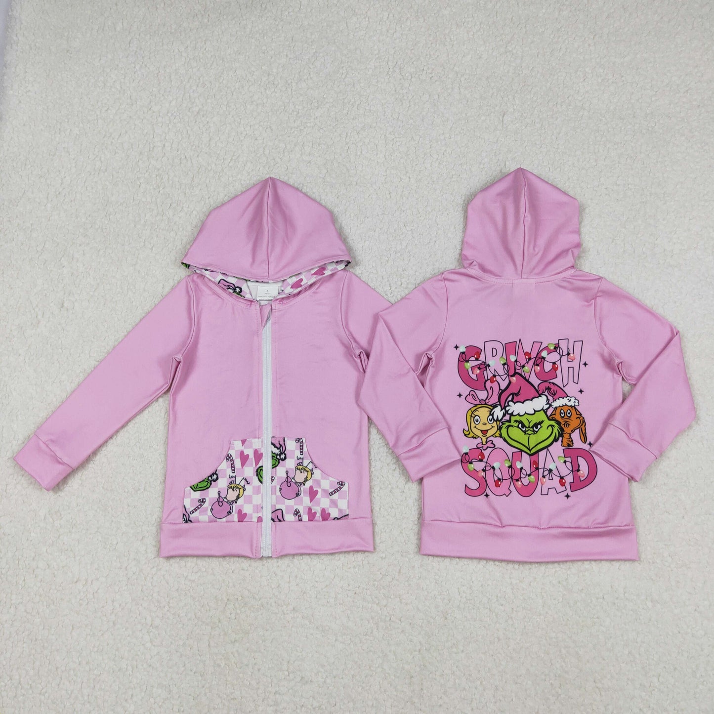 11.1 RTS NO MOQ （In stock）GT1142 Baby Girls Long Sleeve Tops Baby Girls Grin Lights Pockets Zipper Christmas Hoodies Jackets Top