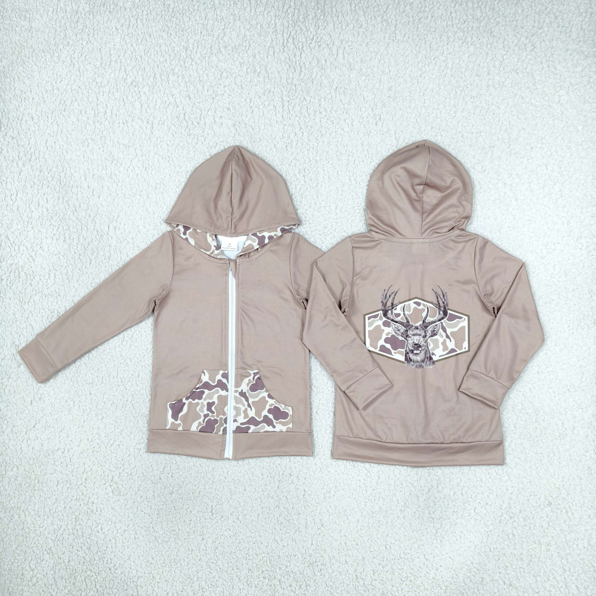 RTS NO MOQ （In stock）milk silk GT1144 Baby Boys Western Brown Camo Deer Zipper Pockets Boys Hoodie Casual Jacket Top