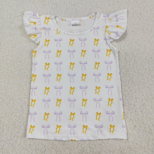 RTS NO MOQ （In stock）GT1147 Baby Girls Summer Tops Baby Girls Yellow Lavender Bows Plaid Tee Shirts Top