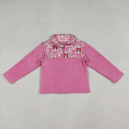 RTS NO MOQ （In stock）GT1149 Baby Girls Long Sleeve Tops Pink Bows Plaid Quatrefoil Zipper Pullover Sherpa Tops