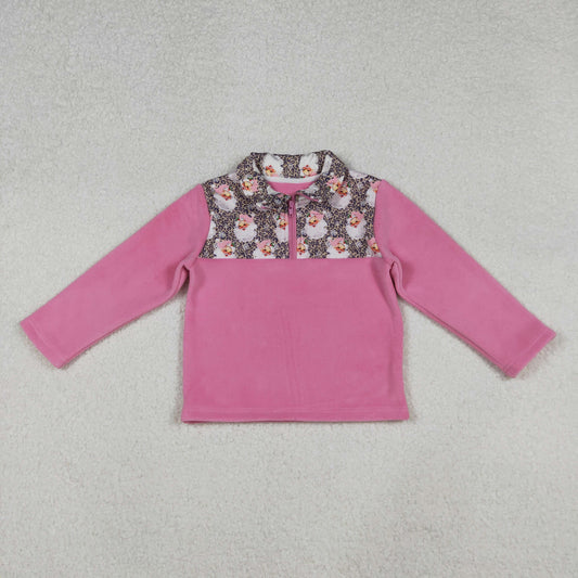 RTS NO MOQ （In stock）GT1151 Baby Girls Long Sleeve Tops Santa Leopard Christmas Half Zipper Pullover Sherpa Tops