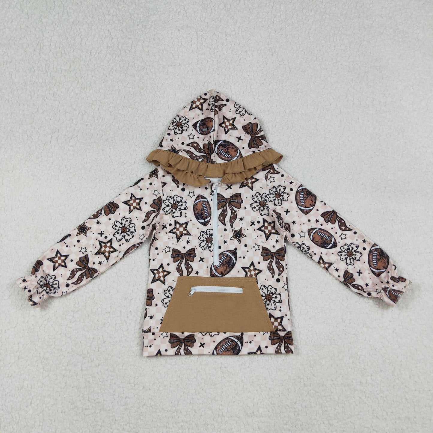 9.27 RTS NO MOQ （In stock）GT1152 Baby Girls Long Sleeve Tops Baby Girls Football Flowers Checked Pocket Zipper Team Ruffle Hoodies Top