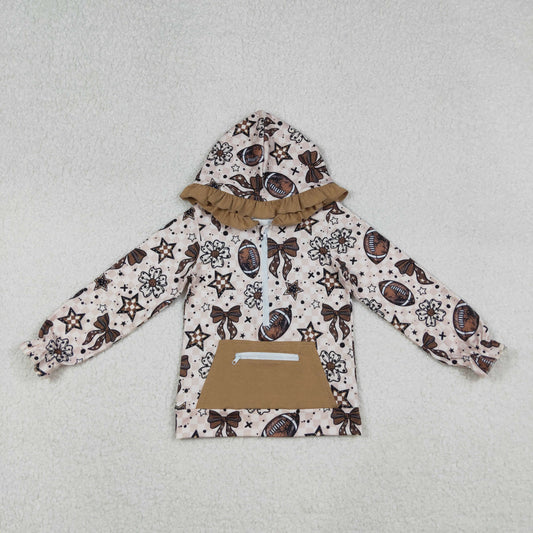 9.27 RTS NO MOQ （In stock）GT1152 Baby Girls Long Sleeve Tops Baby Girls Football Flowers Checked Pocket Zipper Team Ruffle Hoodies Top