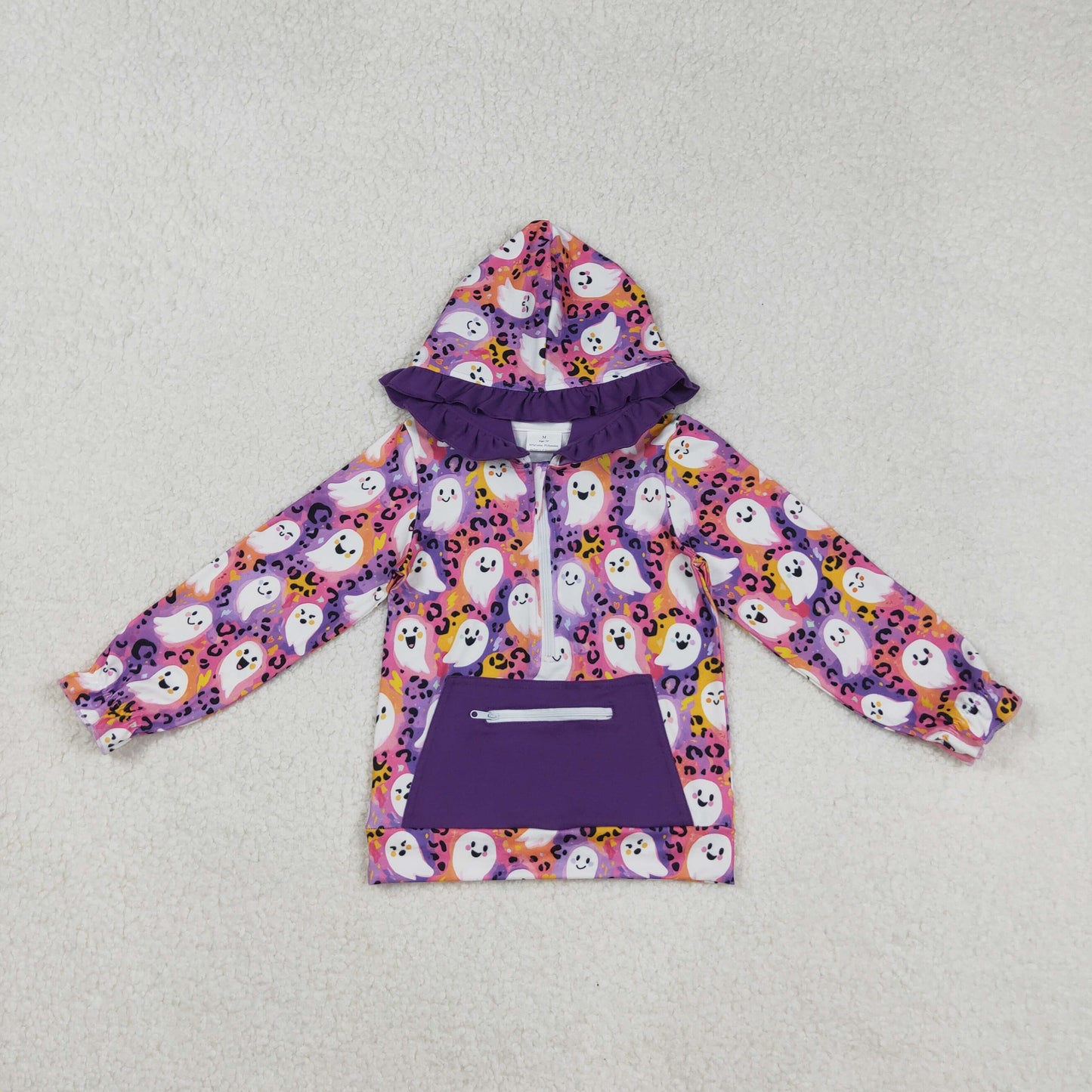 RTS NO MOQ （In stock）GT1155 Baby Girls Long Sleeve Tops Leopard Ghost Halloween Zipper Hoodie - Pocket Detail Top for Halloween