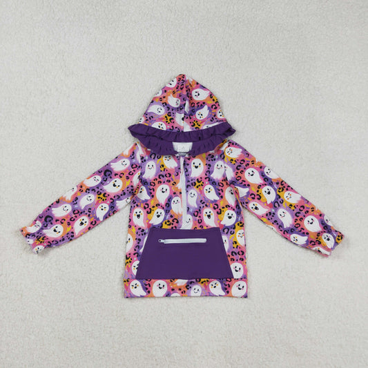 RTS NO MOQ （In stock）GT1155 Baby Girls Long Sleeve Tops Leopard Ghost Halloween Zipper Hoodie - Pocket Detail Top for Halloween