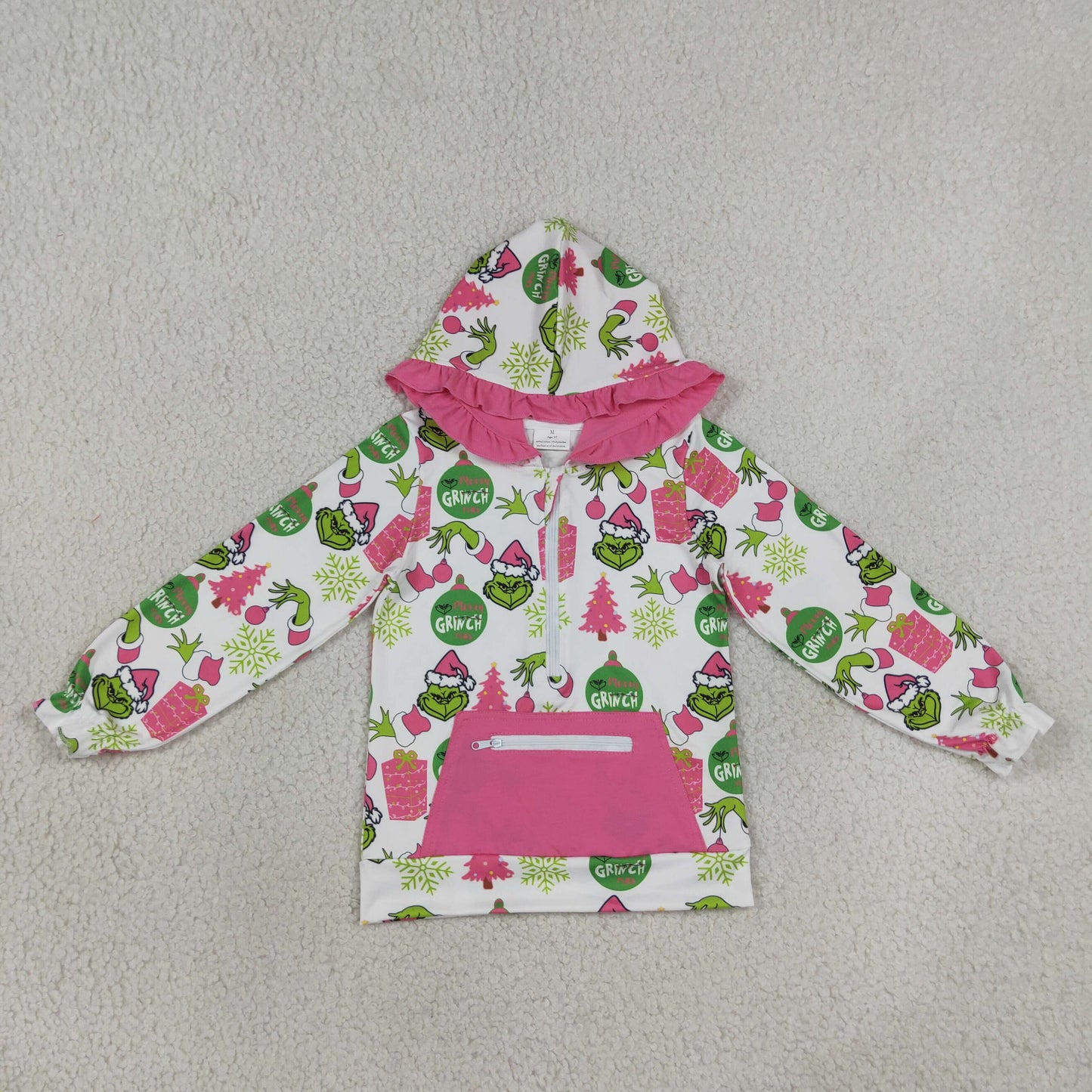 GT1164  RTS NO MOQ （In stock） milk silk Cute Clothes Baby Girls Gift Print Pocket Zipper Up Christmas Hoodie Top