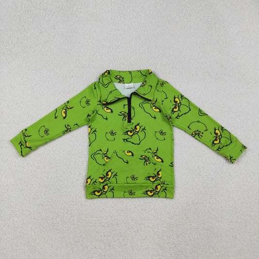 RTS NO MOQ （In stock）GT1170 Baby Girls Long Sleeve Tops Green Face Pockets Zipper Christmas Pullovers Tops