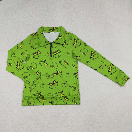 9.29  RTS NO MOQ （In stock）GT1173 Adult Women Green Face Plaid Pocket Zipper Christmas Pullover Top