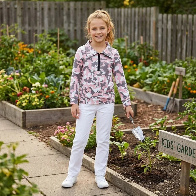 RTS NO MOQ （In stock）yoga fabric GT1178 Yoga Baby Girls Pink Gray Camo Pockets Zipper Yoga Pullovers Top