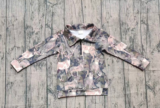 10.11 GT1180 Yoga Fabric Sample No Moq Baby Girls Olive Deer Camo Pockets Zipper Yoga Pullovers Top