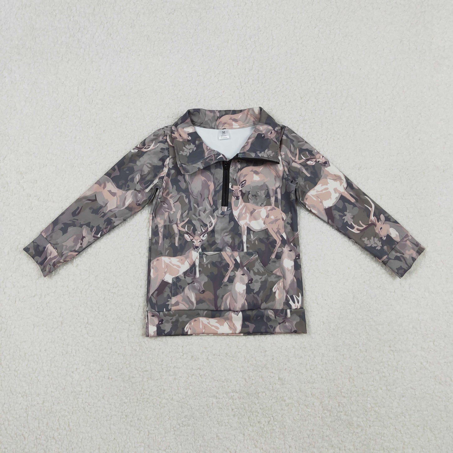 11.1 RTS NO MOQ （In stock）GT1180 Baby Girls Long Sleeve Tops Baby Girls Deer Camo Pockets Zipper Hunting Yoga Active Pullovers Top