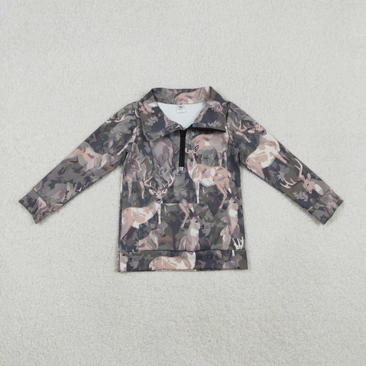 11.1 RTS NO MOQ （In stock）GT1180 Baby Girls Long Sleeve Tops Baby Girls Deer Camo Pockets Zipper Hunting Yoga Active Pullovers Top
