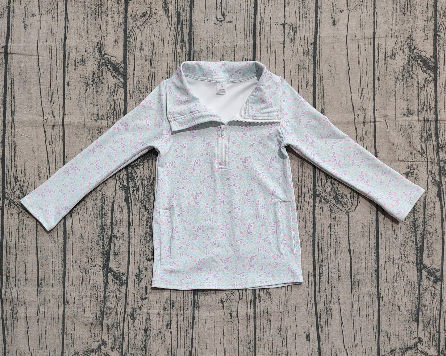 9.15 GT1182 Sample No Moq Fast Coming Baby Girls Light Blue Floral Zipper Pockets Yoga Pullovers Top