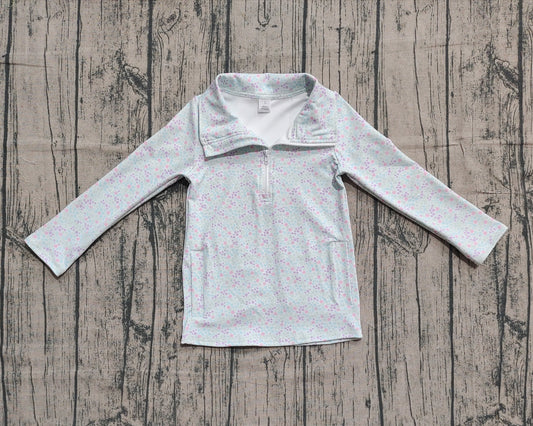 9.15 GT1182 Sample No Moq Fast Coming Baby Girls Light Blue Floral Zipper Pockets Yoga Pullovers Top