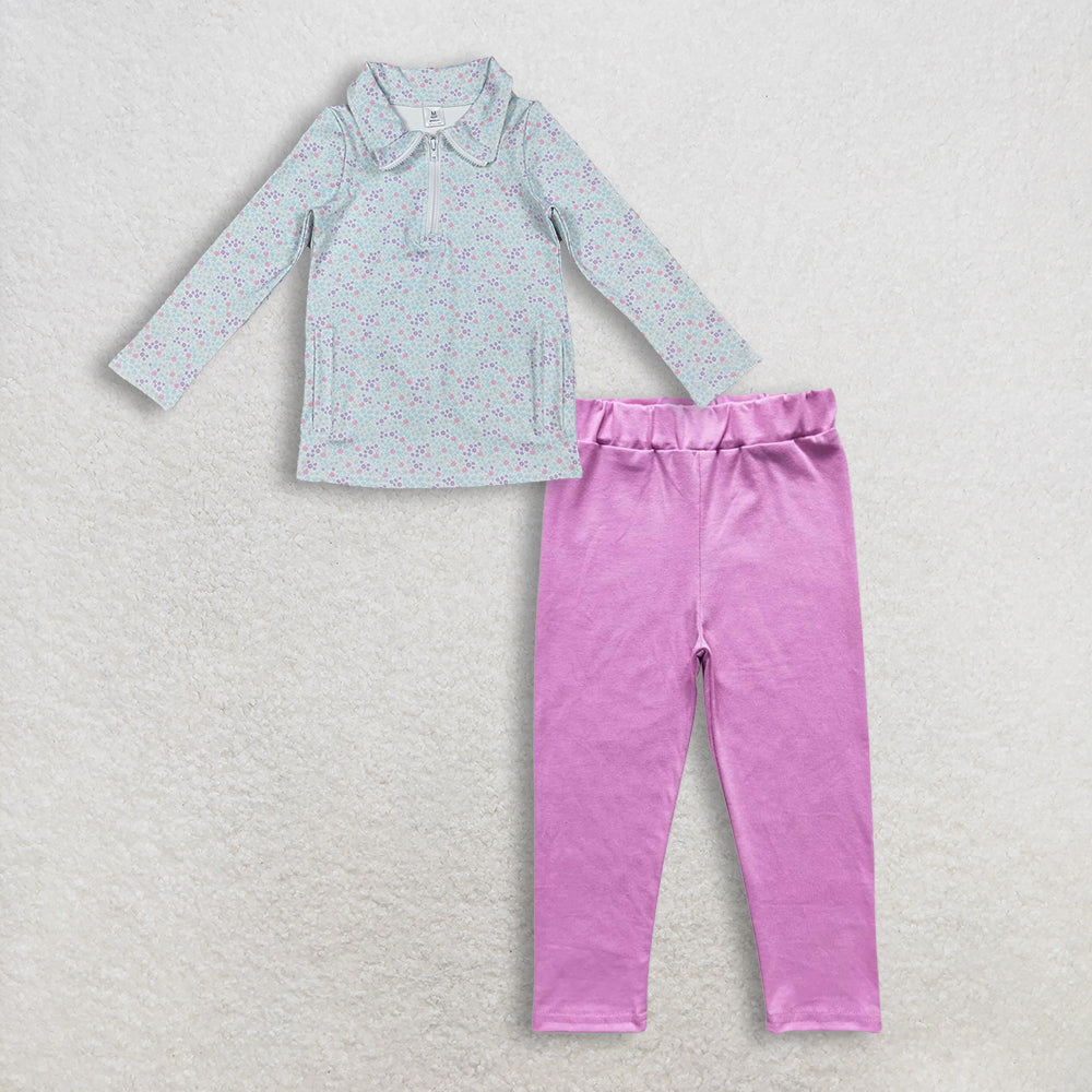 12.9 RTS NO MOQ （In stock）GT1182 + P0211 Baby Girls Flower Pockets Zip Yoga Active Pullovers Hot Pink Leggings Clothes Set