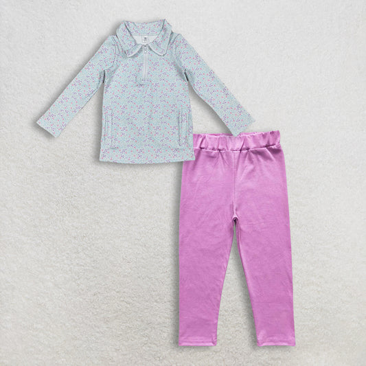 12.9 RTS NO MOQ （In stock）GT1182 + P0211 Baby Girls Flower Pockets Zip Yoga Active Pullovers Hot Pink Leggings Clothes Set