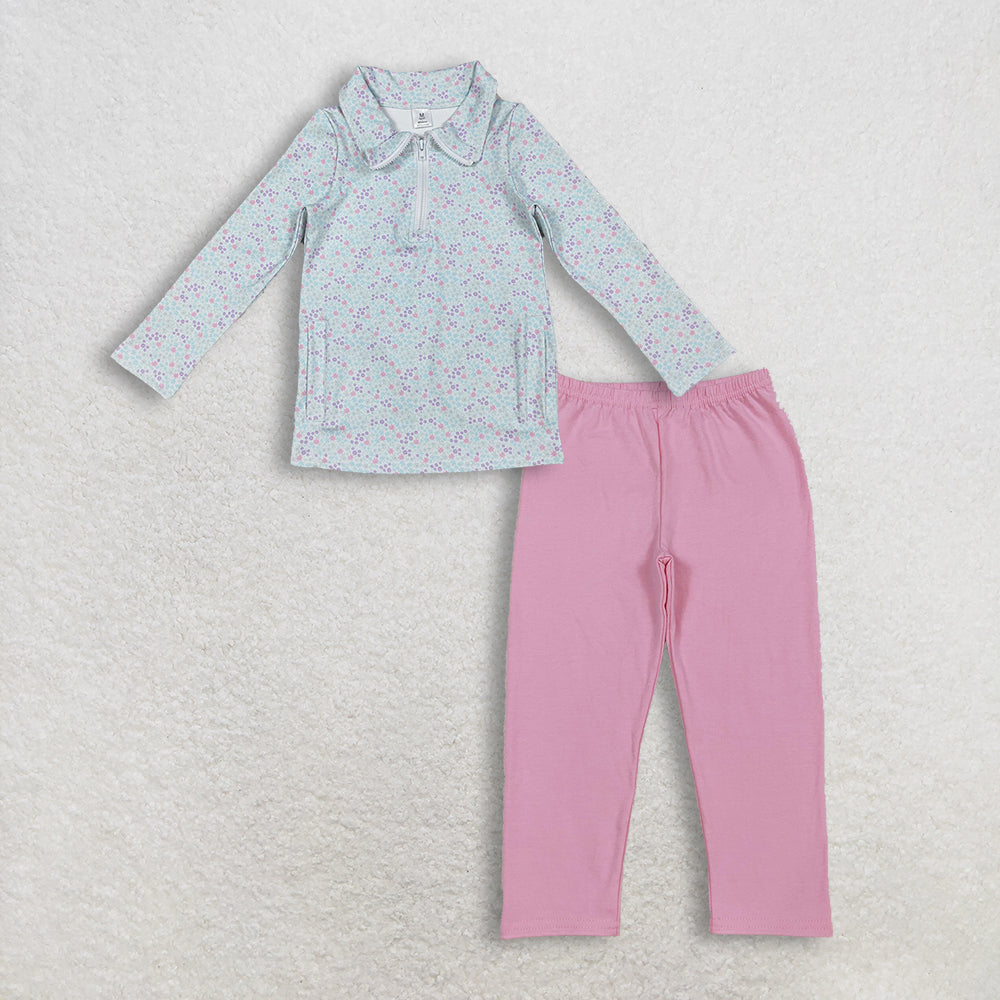 12.9 RTS NO MOQ （In stock）GT1182 + P0821 Baby Girls Flower Pockets Zip Yoga Active Pullovers Light Pink Leggings Clothes Sets