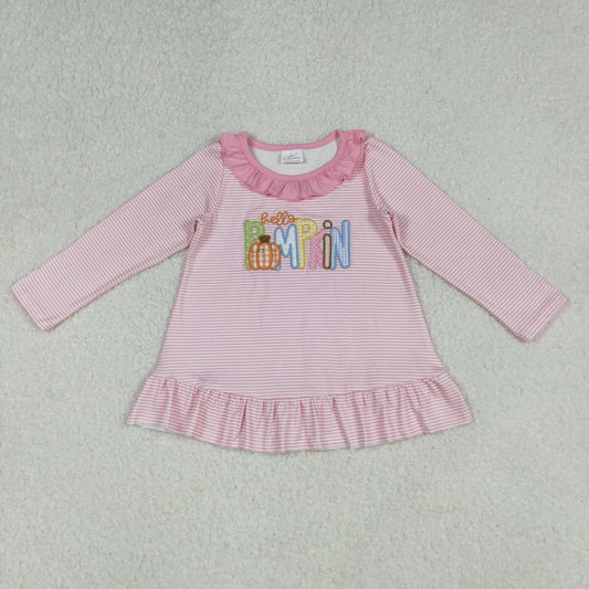 10.1 RTS NO MOQ （In stock）GT1183 Baby Girls Long Sleeve Tops Embroidery Pumpkins Baby Girls Pink Stripe Fall Tee Shirts Top