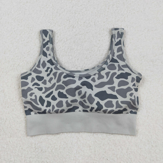 RTS NO MOQ （In stock）GT1188 Adult Women's Summer Tops Grey Camouflage Camo Knitted Yoga Crop Top Bra Style Comfortable