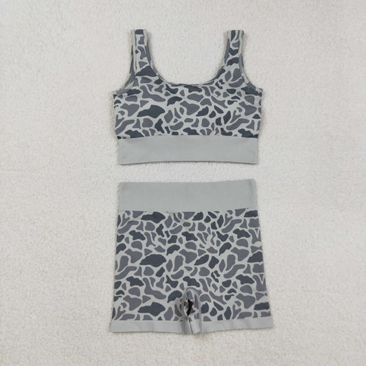 RTS NO MOQ （In stock）GT1188+SS0643Adult Women's Yoga Outfits  Grey Camo Knitted Yoga Crop Top And Bottoms Set
