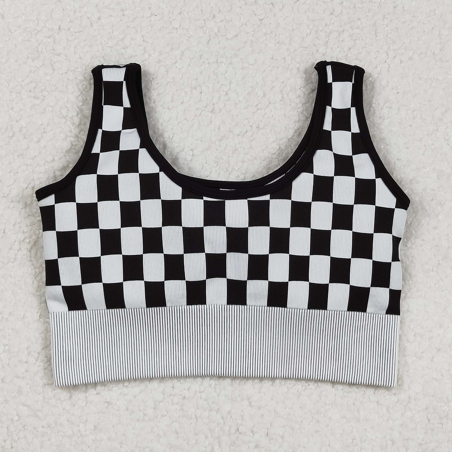 RTS NO MOQ （In stock）GT1189+SS0644 Adult Women's Yoga Outfits Black Checkered Knitted Yoga Crop Top High Waist Bottoms Set