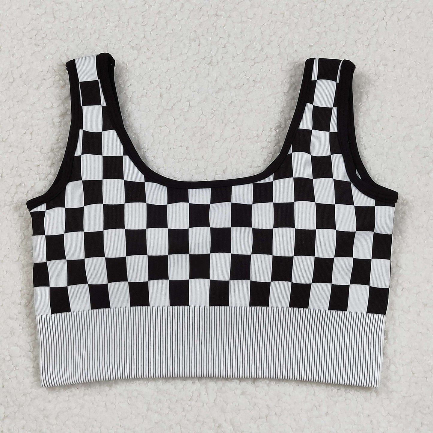 RTS NO MOQ （In stock）GT1189 Adult Women's Summer Tops Black Checkered Knitted Yoga Crop Top