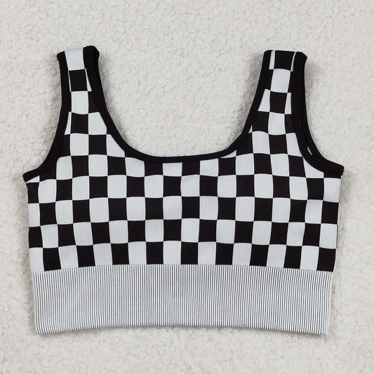 RTS NO MOQ （In stock）GT1189 Adult Women's Summer Tops Black Checkered Knitted Yoga Crop Top