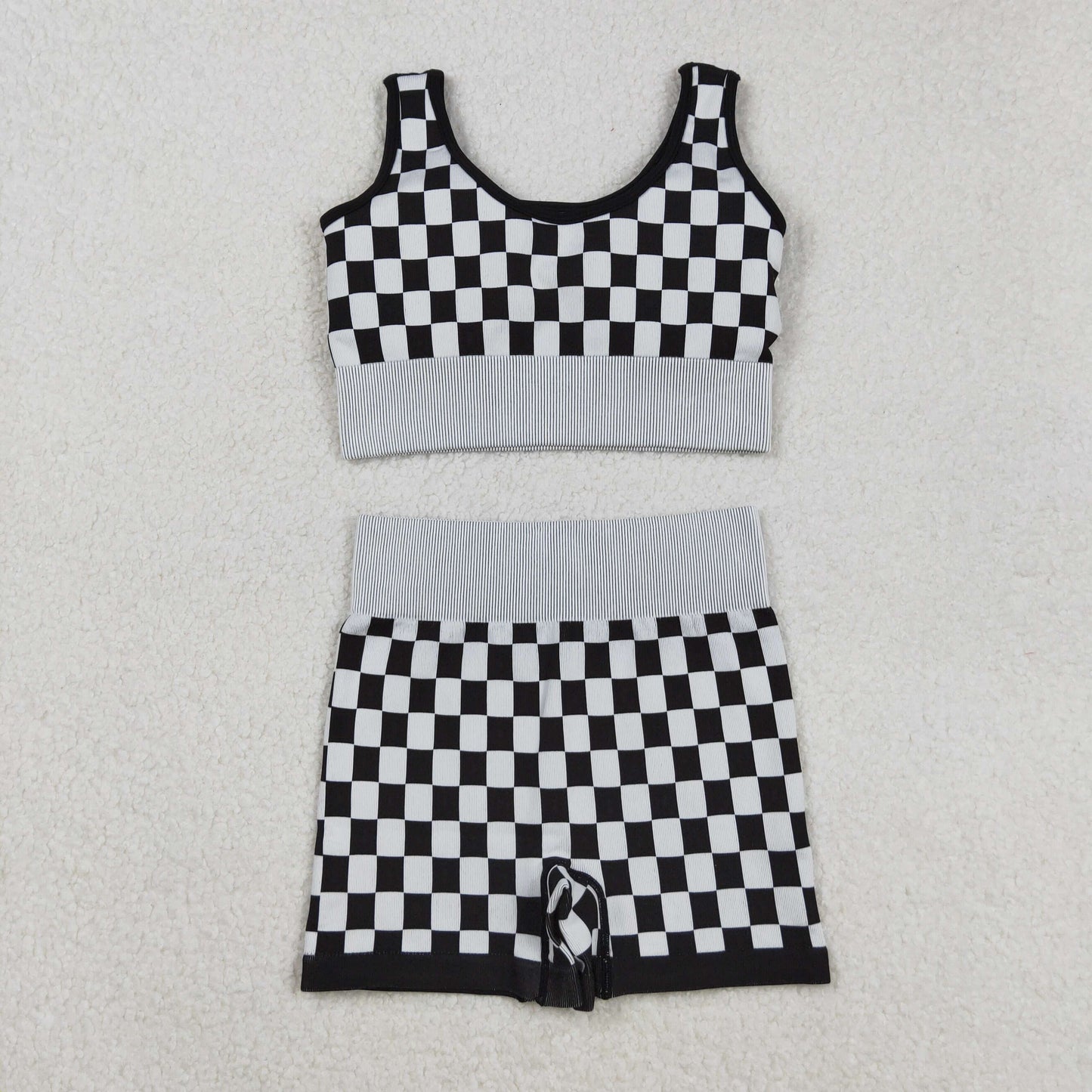 RTS NO MOQ （In stock）GT1189+SS0644 Adult Women's Yoga Outfits Black Checkered Knitted Yoga Crop Top High Waist Bottoms Set