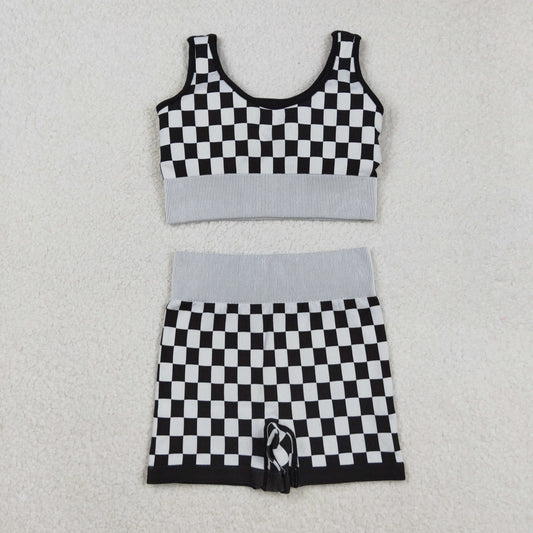RTS NO MOQ （In stock）GT1189+SS0644 Adult Women's Yoga Outfits Black Checkered Knitted Yoga Crop Top High Waist Bottoms Set