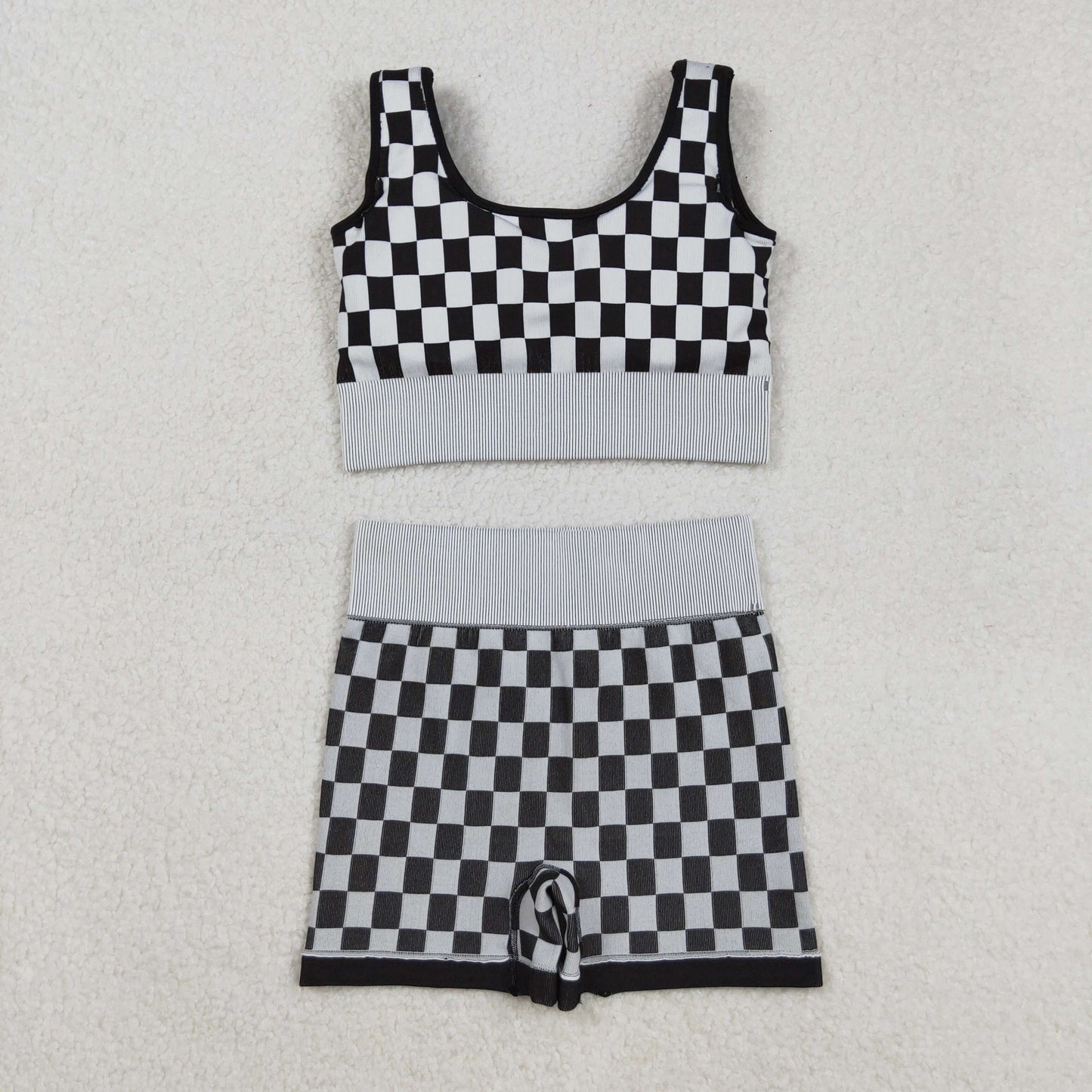 RTS NO MOQ （In stock）GT1189+SS0644 Adult Women's Yoga Outfits Black Checkered Knitted Yoga Crop Top High Waist Bottoms Set