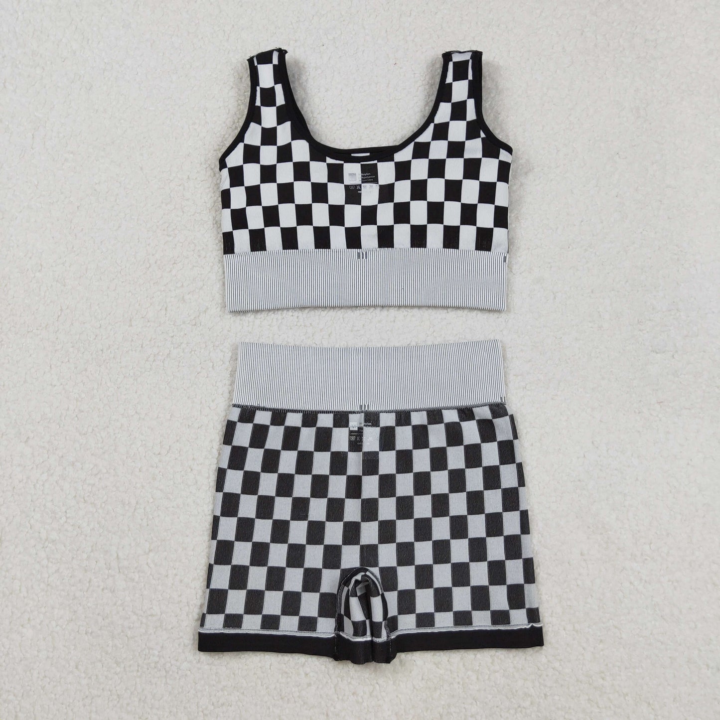 RTS NO MOQ （In stock）GT1189+SS0644 Adult Women's Yoga Outfits Black Checkered Knitted Yoga Crop Top High Waist Bottoms Set