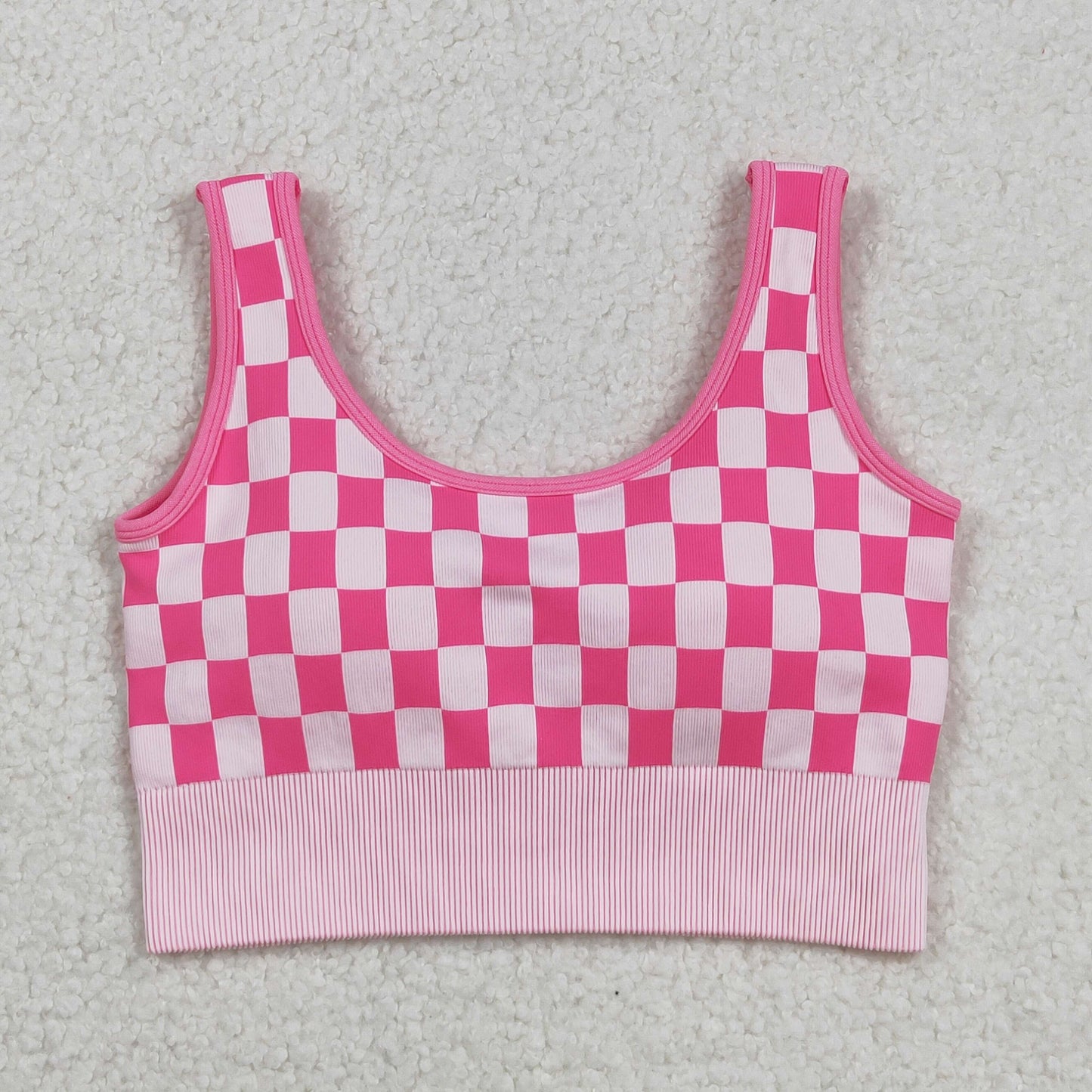 RTS NO MOQ （In stock）GT1190+SS0645 Adult Women's Yoga Outfits Sleeveless Plaid Thick Fabric Activewear Adult Clothing Pink