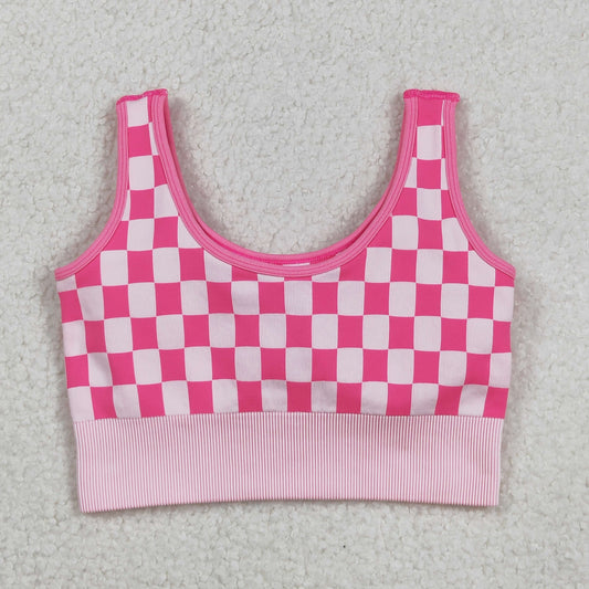RTS NO MOQ （In stock）GT1190 Adult Women's Summer Tops Pink Plaid Sleeveless Activewear Top for Women