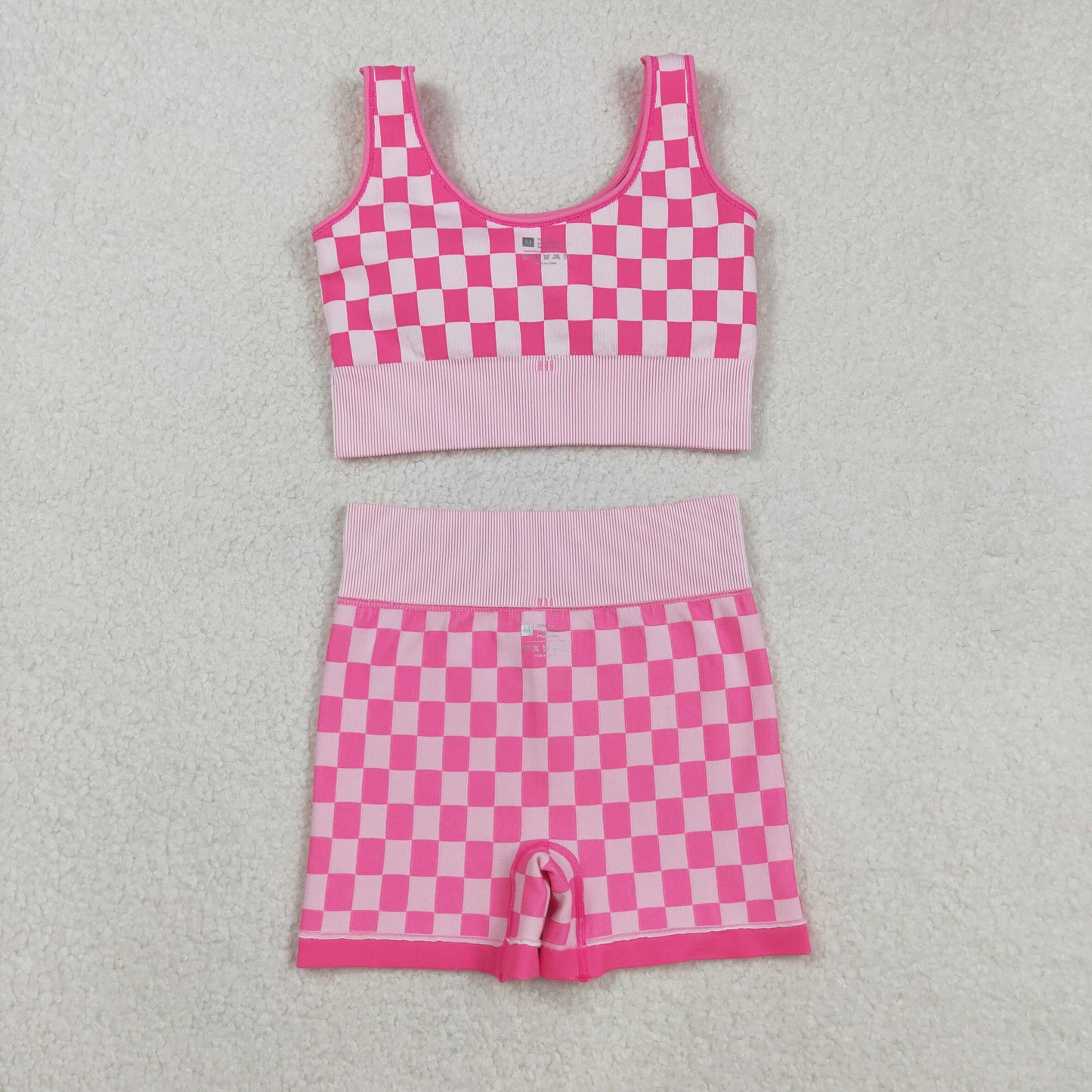 RTS NO MOQ （In stock）GT1190+SS0645 Adult Women's Yoga Outfits Sleeveless Plaid Thick Fabric Activewear Adult Clothing Pink