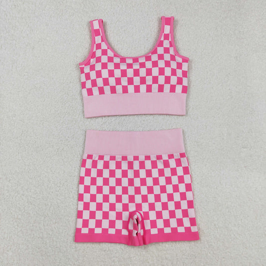 RTS NO MOQ （In stock）GT1190+SS0645 Adult Women's Yoga Outfits Sleeveless Plaid Thick Fabric Activewear Adult Clothing Pink