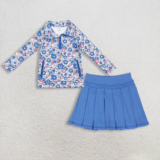 11.24 RTS NO MOQ （In stock）GT1192 + GLK0084 Baby Girls Blue Pink Floral Zipper Pockets Yoga Active Pullovers Top Hot Blue Active Wear Skirts