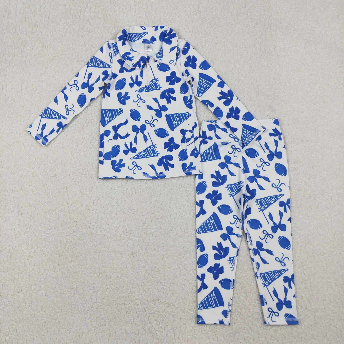 11.21 RTS NO MOQ （In stock）GT1195 + P0845 Baby Girls Blue Bows Footballs Go Team Pocket Yoga Active Wear Jackets Legging Pants