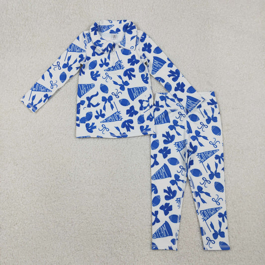 11.21 RTS NO MOQ （In stock）GT1195 + P0845 Baby Girls Blue Bows Footballs Go Team Pocket Yoga Active Wear Jackets Legging Pants