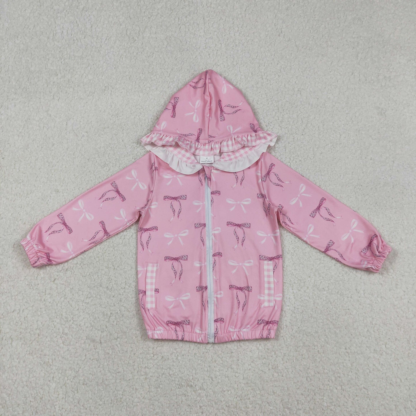 12.17 RTS NO MOQ （In stock）GT1217 Baby Girls Pink Bows Pocket Zipper Ruffle Hoodies Jackets Top